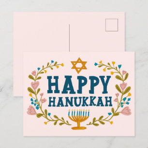 HAPPY HANUKKAH floral wreath Jewish Customisable  Postcard