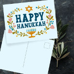 HAPPY HANUKKAH floral wreath Jewish Customisable  Postcard<br><div class="desc">Hand drawn text and florals by me for you.  Add your own text to the back of the postcard or change the background colours. For more designs and colours check my shop! Or let me know if you'd like something custom.  Ask if you don't find what you need! :)</div>