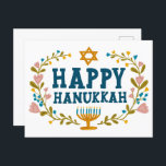 HAPPY HANUKKAH floral wreath Jewish Customisable  Postcard<br><div class="desc">Hand drawn text and florals by me for you.  Add your own text to the back of the postcard or change the background colours. For more designs and colours check my shop! Or let me know if you'd like something custom.  Ask if you don't find what you need! :)</div>