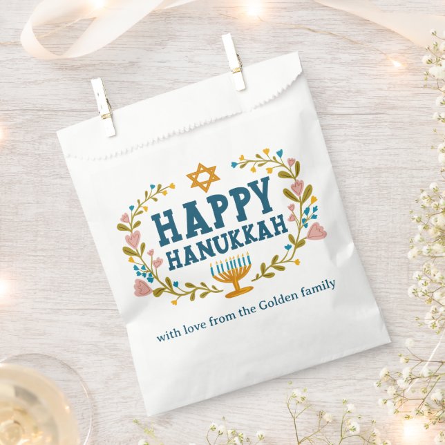 HAPPY HANUKKAH floral wreath Jewish Holiday CUSTOM Favour Bags (Clipped)
