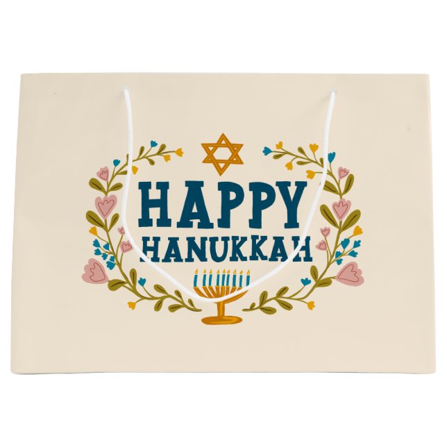 HAPPY HANUKKAH floral wreath Jewish Holiday CUSTOM Large Gift Bag (Front)