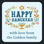 HAPPY HANUKKAH floral wreath Jewish Holiday CUSTOM Square Sticker<br><div class="desc">Hand drawn text and florals by me for you.  Click "personalise" to edit the text. For more designs and colours check my shop! Or let me know if you'd like something custom.  Ask if you don't find what you need! :)</div>