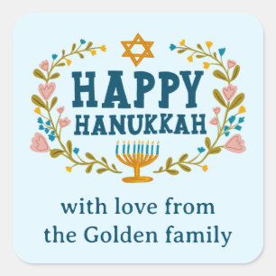 HAPPY HANUKKAH floral wreath Jewish Holiday CUSTOM Square Sticker