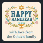 HAPPY HANUKKAH floral wreath Jewish Holiday CUSTOM Square Sticker<br><div class="desc">Hand drawn text and florals by me for you.  Click "personalise" to edit the text. For more designs and colours check my shop! Or let me know if you'd like something custom.  Ask if you don't find what you need! :)</div>