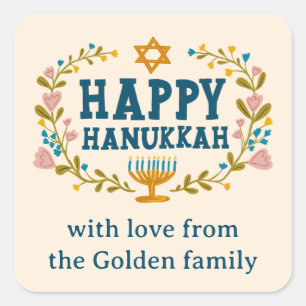 HAPPY HANUKKAH floral wreath Jewish Holiday CUSTOM Square Sticker
