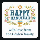 HAPPY HANUKKAH floral wreath Jewish Holiday CUSTOM Square Sticker<br><div class="desc">Hand drawn text and florals by me for you.  Click "personalise" to edit the text. For more designs and colours check my shop! Or let me know if you'd like something custom.  Ask if you don't find what you need! :)</div>