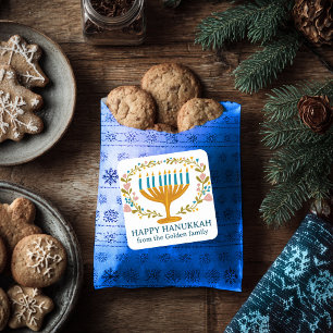 HAPPY HANUKKAH floral wreath Jewish Holiday CUSTOM Square Sticker