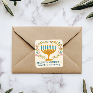 HAPPY HANUKKAH floral wreath Jewish Holiday CUSTOM Square Sticker