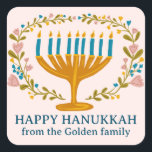 HAPPY HANUKKAH floral wreath Jewish Holiday CUSTOM Square Sticker<br><div class="desc">Hand drawn florals by me for you.  Click "personalise" to edit the text. For more designs and colours check my shop! Or let me know if you'd like something custom.  Ask if you don't find what you need! :)</div>
