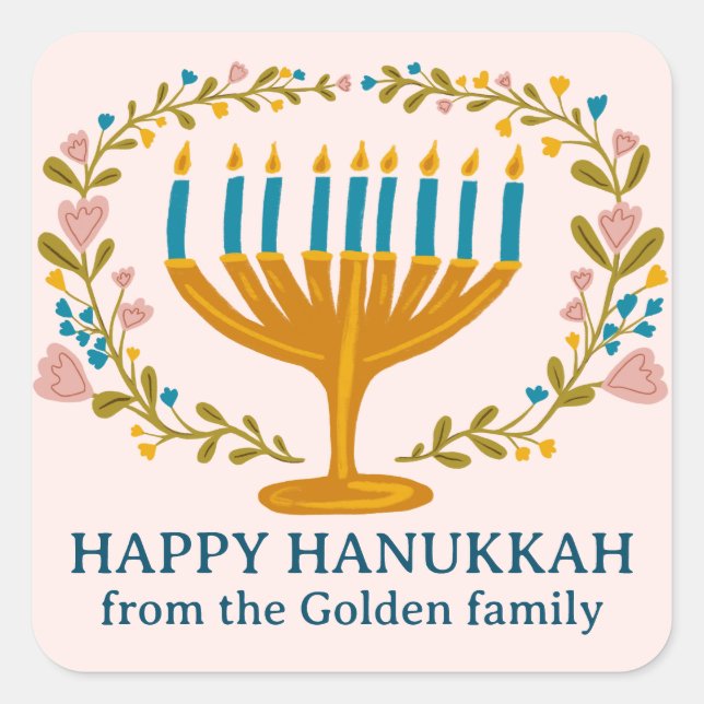 HAPPY HANUKKAH floral wreath Jewish Holiday CUSTOM Square Sticker (Front)