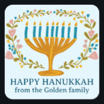 HAPPY HANUKKAH floral wreath Jewish Holiday CUSTOM Square Sticker<br><div class="desc">Hand drawn florals by me for you.  Click "personalise" to edit the text. For more designs and colours check my shop! Or let me know if you'd like something custom.  Ask if you don't find what you need! :)</div>