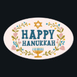 HAPPY HANUKKAH floral wreath Jewish Holiday  Oval Sticker<br><div class="desc">Hand drawn text and florals by me for you.  For more designs and colours check my shop! Or let me know if you'd like something custom.  Ask if you don't find what you need! :)</div>