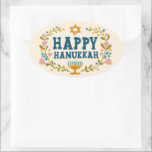 HAPPY HANUKKAH floral wreath Jewish Holiday  Oval Sticker<br><div class="desc">Hand drawn text and florals by me for you.  For more designs and colours check my shop! Or let me know if you'd like something custom.  Ask if you don't find what you need! :)</div>