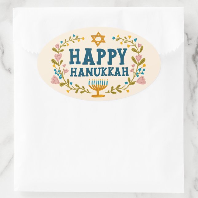 HAPPY HANUKKAH floral wreath Jewish Holiday  Oval Sticker (Bag)