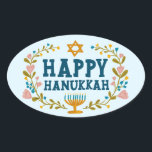 HAPPY HANUKKAH floral wreath Jewish Holiday  Oval Sticker<br><div class="desc">Hand drawn text and florals by me for you.  For more designs and colours check my shop! Or let me know if you'd like something custom.  Ask if you don't find what you need! :)</div>