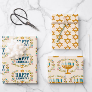 HAPPY HANUKKAH floral wreath Jewish Holiday Set of Wrapping Paper Sheet