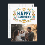 HAPPY HANUKKAH Floral Wreath Menorah Custom PHOTO Postcard<br><div class="desc">Hand drawn text and florals by me for you. Click "personalise" to edit and add your own photo to the front and text and return address to the back of the postcard or change the background colours. Everything is customisable. For more designs and colours check my shop! Or let me...</div>