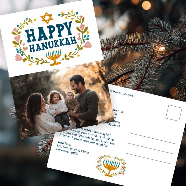 HAPPY HANUKKAH Floral Wreath Menorah Custom PHOTO Postcard (HAPPY HANUKKAH Floral Wreath Menorah Custom PHOTO Postcard
)