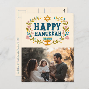 HAPPY HANUKKAH Floral Wreath Menorah Custom PHOTO Postcard