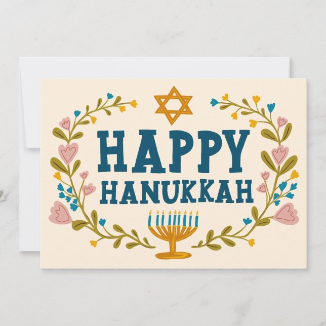 HAPPY HANUKKAH Floral Wreath Menorah Custom Photos Holiday Card (Front)