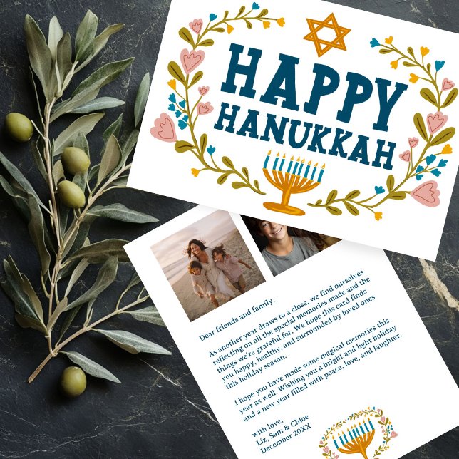 HAPPY HANUKKAH Floral Wreath Menorah Custom Photos Holiday Card (HAPPY HANUKKAH Floral Wreath Menorah Custom 2 Photos Collage Note Holiday Card
)
