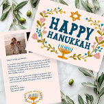 HAPPY HANUKKAH Floral Wreath Menorah Custom Photos Holiday Card<br><div class="desc">Hand drawn text and florals by me for you. Click "personalise" to edit and add your own text and photos to the back of the postcard or change the background colours. Everything is customisable. For more designs and colours check my shop! Or let me know if you'd like something custom....</div>