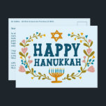 HAPPY HANUKKAH Floral Wreath Menorah Custom text Postcard<br><div class="desc">Hand drawn text and florals by me for you. Click "personalise" to edit and add your own text and return address to the back of the postcard or change the background colours. Everything is customisable. For more designs and colours check my shop! Or let me know if you'd like something...</div>