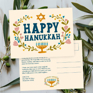 HAPPY HANUKKAH Floral Wreath Menorah Custom text Postcard