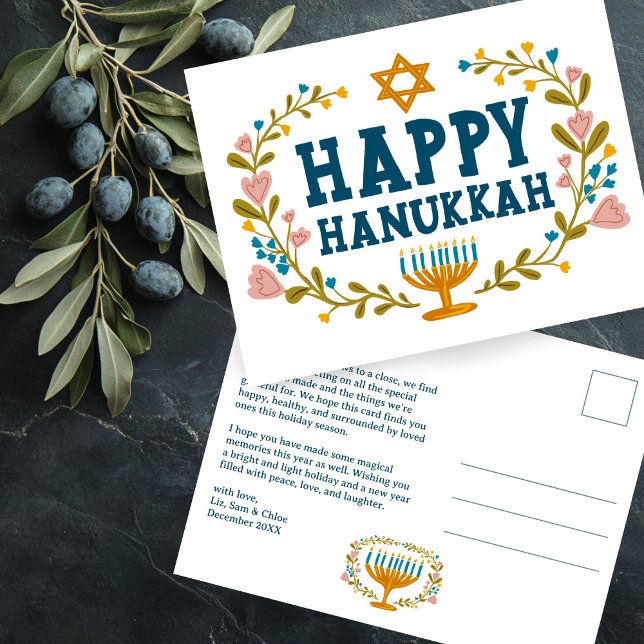 HAPPY HANUKKAH Floral Wreath Menorah Custom text Postcard (HAPPY HANUKKAH Floral Wreath Menorah Custom text Non-photo  Postcard
)