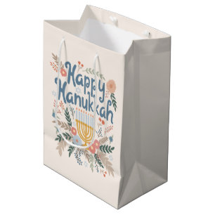 Happy Hanukkah Florals Hand-drawn Jewish Holiday Medium Gift Bag