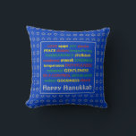 HAPPY HANUKKAH | Fruit of the Spirit | LIGHT BLUE Cushion<br><div class="desc">Colourful festive pillow with faux silver Star of David in subtle background pattern. FRUIT OF THE SPIRIT including Hebrew translations are written in red,  yellow and green. HAPPY HANUKKAH is customisable if you want to add your name. Part of the HANUKKAH Collection.</div>