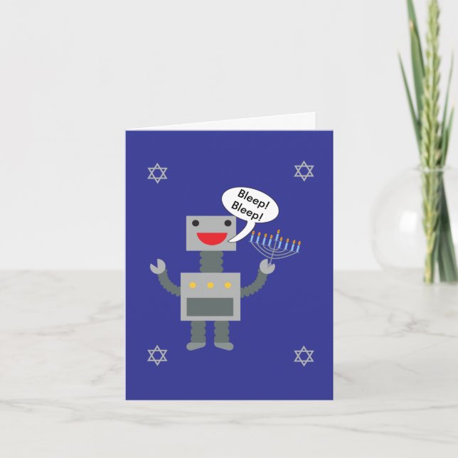 Happy Hanukkah Funny Robot Bleep Blue Personalise Holiday Card (Front)