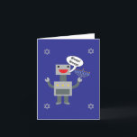 Happy Hanukkah Funny Robot Bleep Blue Personalise Holiday Card<br><div class="desc">A funny Hanukkah design featuring a robot saying "Bleep!  Bleep!" while holding a menorah and surrounded by four Star of David on a blue background.  The inside says,  "Bleep!  Bleep!" is Robot for "Happy Hanukkah!"  The text can be changed and personalised to fit your needs.</div>