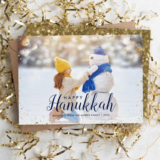 Happy Hanukkah | Glitz Faux Glitter Photo Overlay Holiday Card (Creator Uploaded)