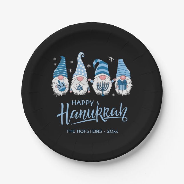Happy Hanukkah Gnome Funny Family Menorah Dreidel Paper Plate (Front)