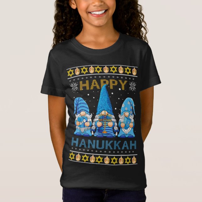 Happy Hanukkah Gnome Gnomies Menorah Pajama Ugly S T-Shirt (Front)
