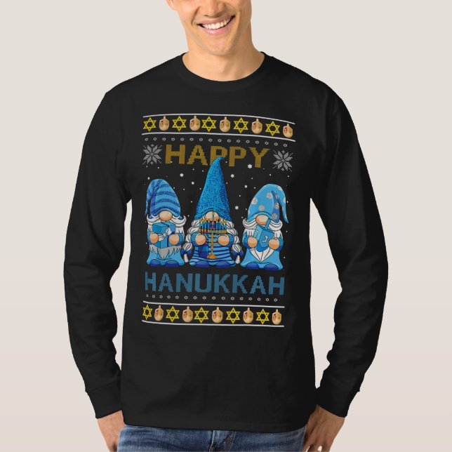 Happy Hanukkah Gnome Gnomies Menorah Pajama Ugly S T-Shirt (Front)