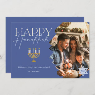 Happy Hanukkah gold blue script menorah photo Holiday Card