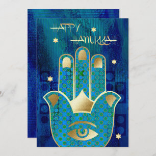 Happy Hanukkah. Gold Hamsa Hand Holiday Card