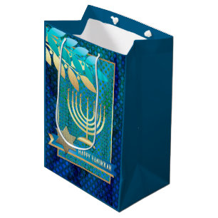 Happy Hanukkah. Gold Menorah and Star of David Medium Gift Bag