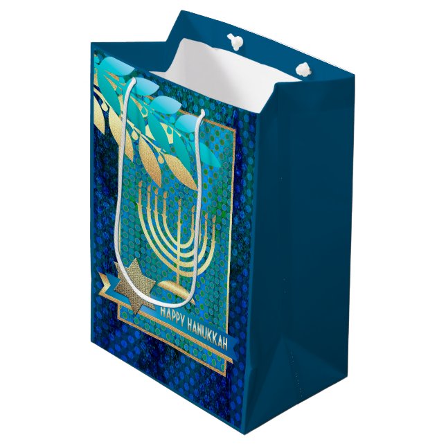Happy Hanukkah. Gold Menorah and Star of David  Medium Gift Bag (Front Angled)