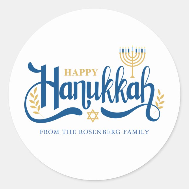 "Happy Hanukkah"  Gold Menorah Classic Round Sticker (Front)