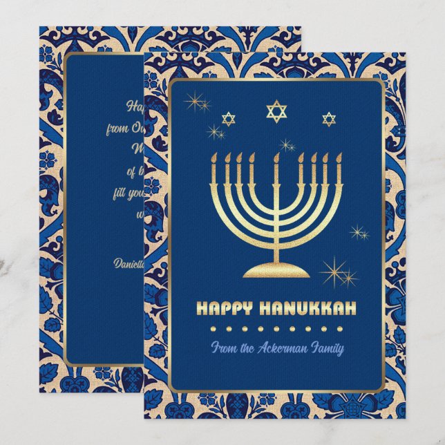 Happy Hanukkah. Gold Menorah Flat  Holiday Card (Front/Back)