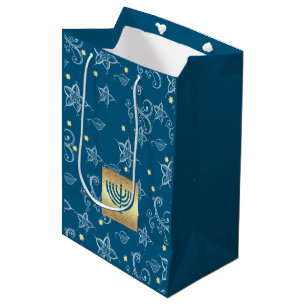 Happy Hanukkah. Gold Menorah & Floral Pattern Medium Gift Bag