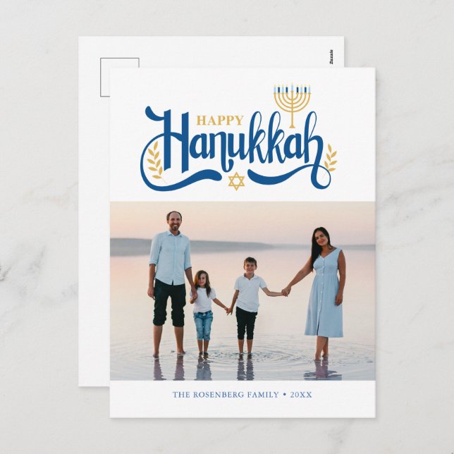 "Happy Hanukkah"  Gold Menorah Holiday Postcard (Front/Back)