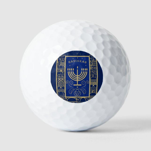 Happy Hanukkah Gold Menorah Jewish Holiday Golf Balls (Front)