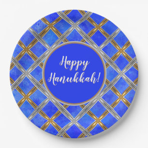Happy Hanukkah Gold, Silver, and White Laced Paper Plate