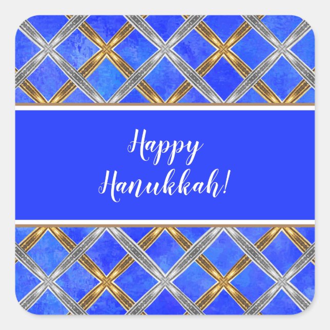 Happy Hanukkah Gold, Silver, and White Laced Square Sticker (Front)
