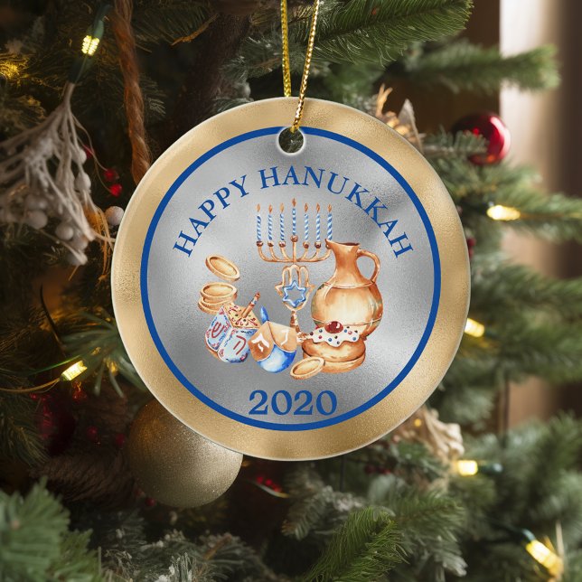 Happy Hanukkah Gold Silver Menorah Ceramic Tree Decoration (Creator Uploaded)