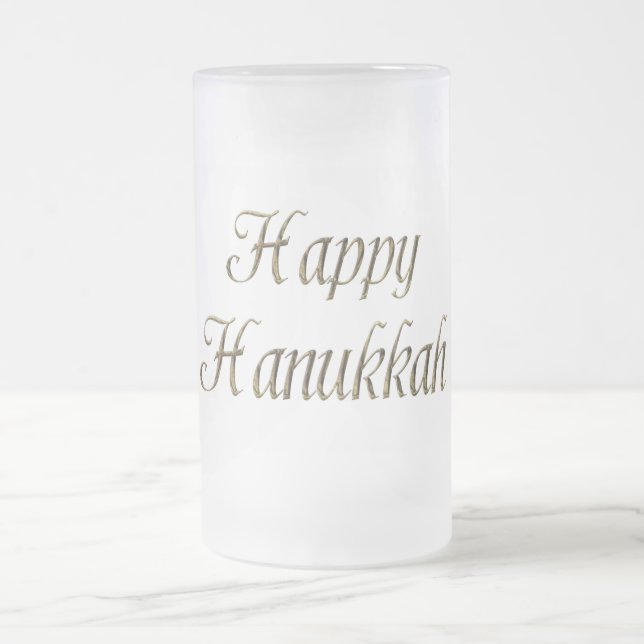 Happy Hanukkah Gold Typography Elegant Chanukah Frosted Glass Beer Mug (Center)